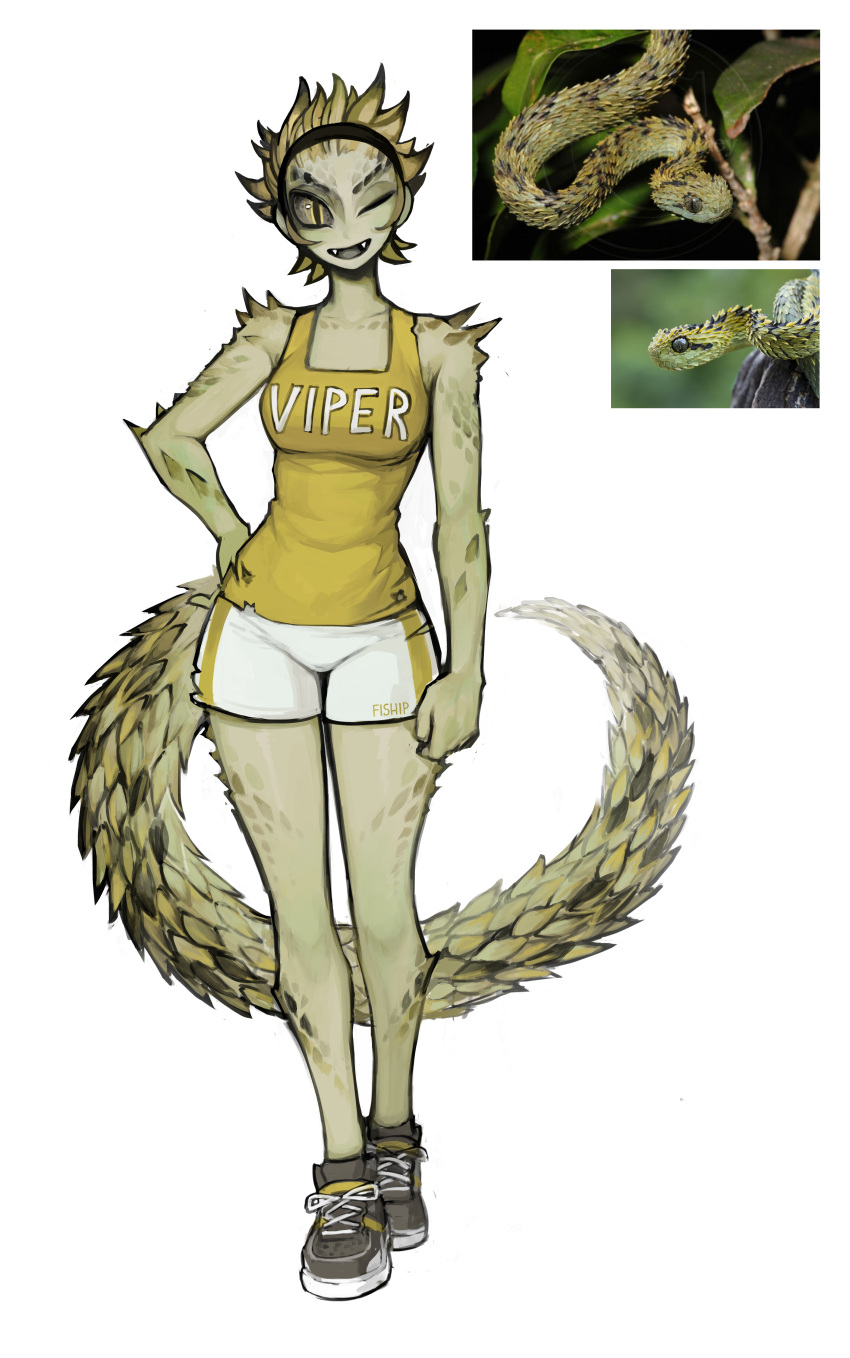 1girl ;d absurdres artist_name bare_shoulders black_hairband blonde_hair breasts bush_viper clothes_writing colored_skin commission fangs full_body green_skin hairband hand_on_hip highres legs_together looking_at_viewer matilda_fiship medium_breasts monster_girl narrow_waist no_socks one_eye_closed open_mouth original personification photo_inset reference_inset scales shoes short_hair short_shorts shorts simple_background slit_pupils smile snake_tail sneakers solo spiked_tail spiky_hair standing tail tank_top white_background yellow_tank_top