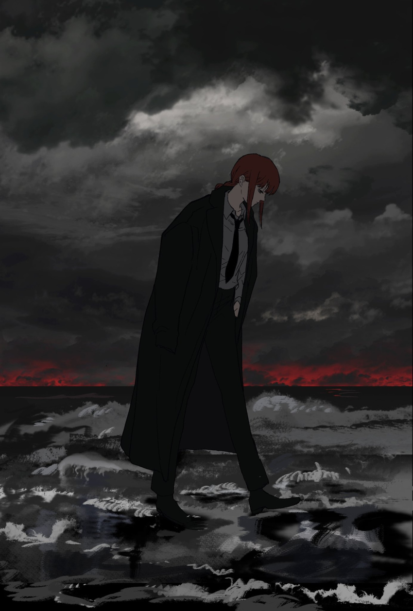 1girl beach black_coat black_footwear black_necktie black_pants braid braided_ponytail breasts chainsaw_man closed_mouth clouds cloudy_sky coat collared_shirt commentary dark dress_shirt expressionless formal full_body grey_sky hand_in_pocket highres looking_down makima_(chainsaw_man) medium_hair necktie ocean open_clothes open_coat outdoors pants red_sky redhead shinamoku00 shirt shoes sidelocks sky small_breasts solo trench_coat walking waves white_shirt wing_collar yellow_eyes