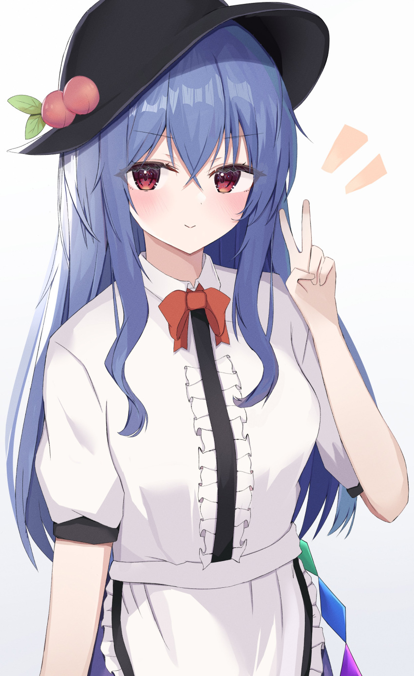 1girl :&gt; absurdres aohane apron arm_at_side arm_up bangs black_headwear blue_hair blush bow bowtie breasts center_frills closed_mouth collared_shirt commentary_request dot_nose eyelashes feet_out_of_frame frilled_apron frills fruit_hat_ornament hat highres hinanawi_tenshi leaf lips looking_at_viewer medium_breasts notice_lines peach_hat_ornament puffy_short_sleeves puffy_sleeves rainbow_order red_bow red_bowtie red_eyes shirt short_sleeves sidelocks simple_background smile solo standing touhou v white_background wing_collar
