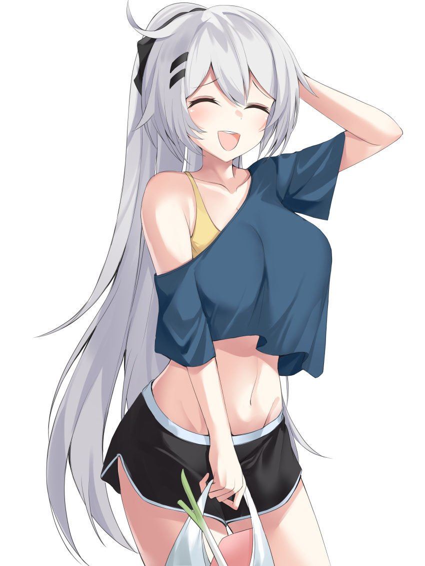 1girl :d absurdres arm_up bag bangs black_shorts blue_shirt breasts closed_mouth collarbone dolphin_shorts english_commentary gr_greeze hair_between_eyes hair_ornament hair_ribbon hairclip highres holding holding_bag honkai_(series) honkai_impact_3rd kiana_kaslana large_breasts laughing leek navel open_mouth ribbon shirt shorts simple_background smile solo standing stomach upper_body white_background white_hair