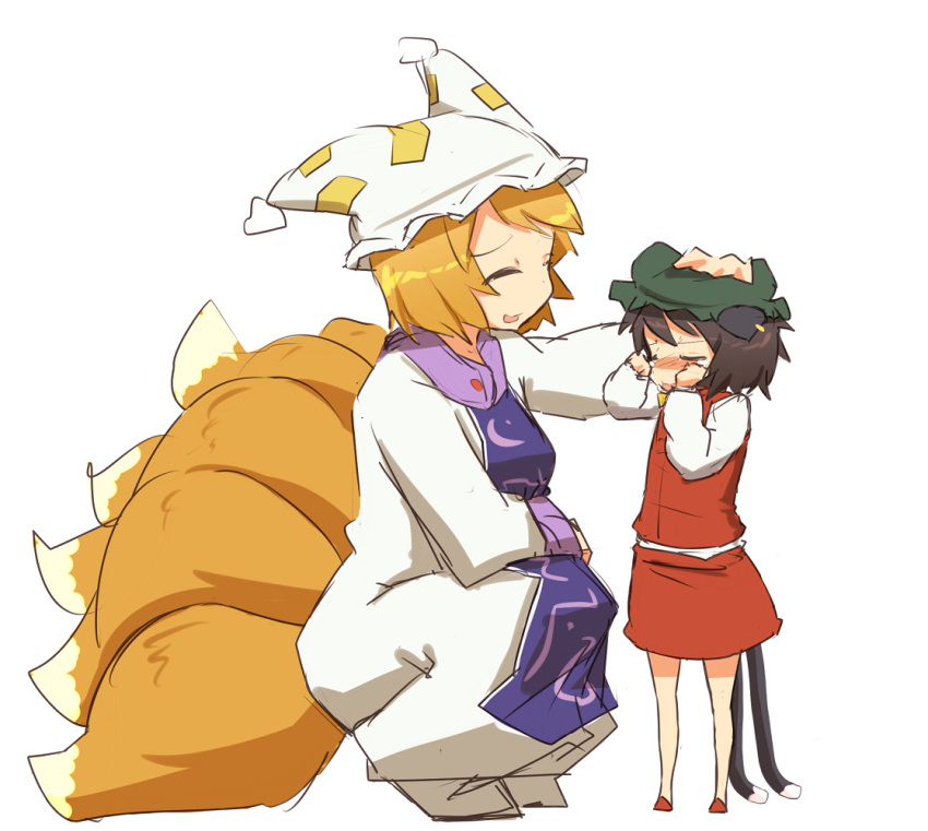 2girls age_difference animal_ears blonde_hair cat_ears cat_girl cat_tail chen commentary crescent_print crying fox_ears fox_girl fox_tail full_body hands_up hat headpat ito_(itokayu) kitsune long_sleeves mob_cap multiple_girls multiple_tails open_mouth purple_tabard red_skirt short_hair simple_background skirt squatting standing tabard tail tears touhou two_tails white_background white_headwear white_sleeves yakumo_ran younger