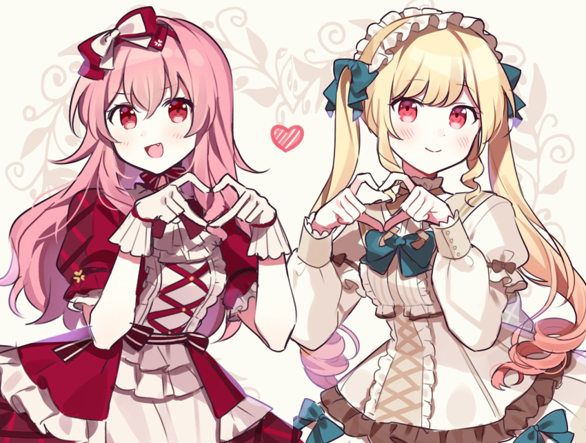 2girls :d bangs blonde_hair blue_bow blue_bowtie blush bow bowtie center_frills closed_mouth cross-laced_clothes dress dress_bow fang frilled_dress frills hair_bow hairband heart heart_hands highres lolita_hairband long_hair long_sleeves looking_at_viewer momoi_airi multiple_girls official_alternate_costume pink_eyes pink_hair project_sekai puffy_long_sleeves puffy_short_sleeves puffy_sleeves red_bow red_bowtie red_dress short_sleeves sleeve_cuffs smile tenma_saki twintails very_long_hair waka_(wk4444) white_dress wrist_cuffs