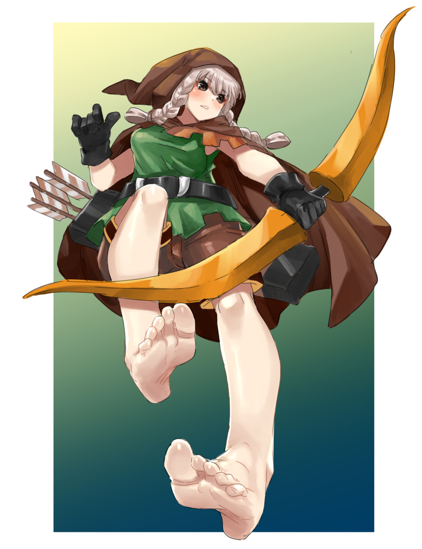 1girl arrow_(projectile) bare_legs barefoot belt blonde_hair bow_(weapon) braid breasts brown_cape brown_eyes brown_hair cape cloak dragon's_crown eiji_(eiji) elf elf_(dragon's_crown) eyebrows_visible_through_hair feet gloves hair_between_eyes highres hood long_hair looking_to_the_side medium_breasts pointy_ears quiver shorts sleeveless twin_braids weapon