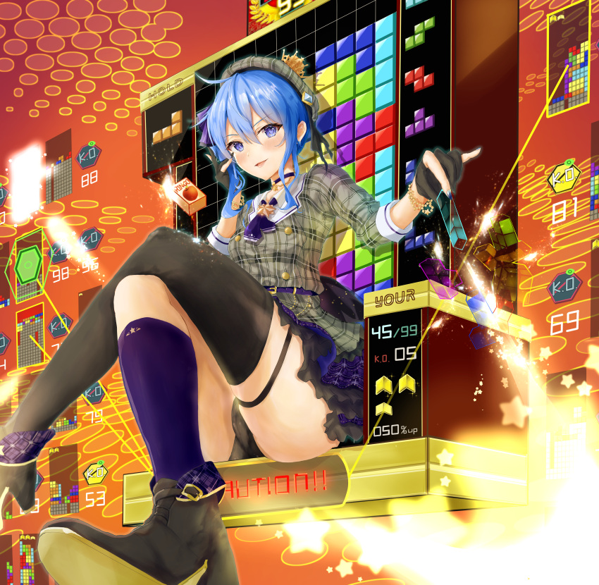 1girl absurdres apple_juice asymmetrical_legwear beret black_panties blue_eyes blue_hair blue_nails boots bracelet choker commentary_request crossed_legs crown fold-over_boots gloves grey_headwear hand_on_own_face hat highres hololive hoshimachi_suisei jacket jewelry juice_box medium_hair mugiusagi nail_polish open_mouth panties pantyshot partially_fingerless_gloves plaid plaid_headwear plaid_jacket plaid_skirt revision side_ponytail single_thighhigh sitting skirt solo star_(symbol) star_in_eye symbol_in_eye tetris thigh-highs throne underwear uneven_legwear virtual_youtuber