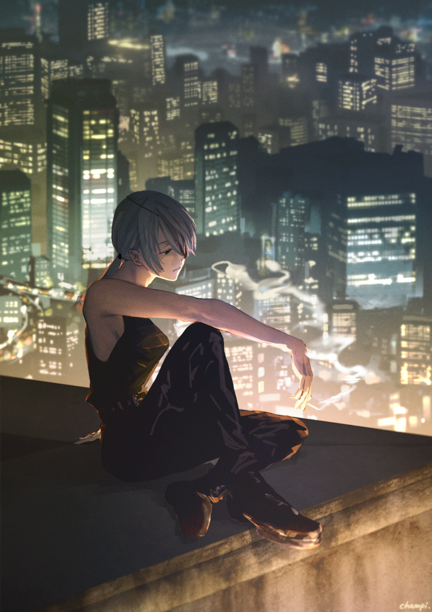 1girl bare_shoulders belt black_eyepatch black_eyes black_footwear black_pants black_tank_top blurry blurry_background chainsaw_man champi cigarette city city_lights cityscape eyepatch full_body grey_hair hair_over_one_eye highres holding holding_cigarette knee_up looking_afar low_ponytail night on_roof one_eye_covered outdoors pants quanxi_(chainsaw_man) shoes short_hair short_ponytail sitting smoke solo tank_top