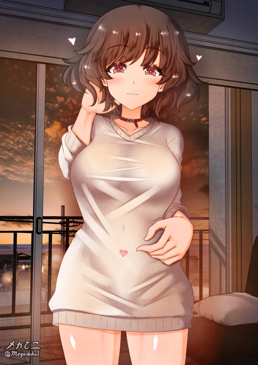1girl akiyama_yukari aquaegg blush breasts brown_eyes brown_hair closed_mouth clouds cloudy_sky collar collarbone covered_navel eyebrows_visible_through_hair girls_und_panzer heart highres indoors large_breasts looking_at_viewer shiny shiny_hair shiny_skin short_hair sky smile solo standing sweater