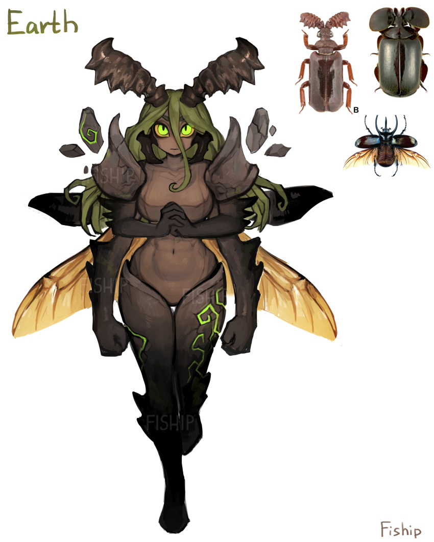 1girl absurdres arthropod_girl artist_name beetle_girl closed_mouth colored_sclera extra_arms geokinesis green_eyes green_hair hair_between_eyes highres horns insect_wings long_hair looking_at_viewer mandibles matilda_fiship monster_girl navel original own_hands_together simple_background solo standing standing_on_one_leg thigh_gap white_background wings yellow_sclera