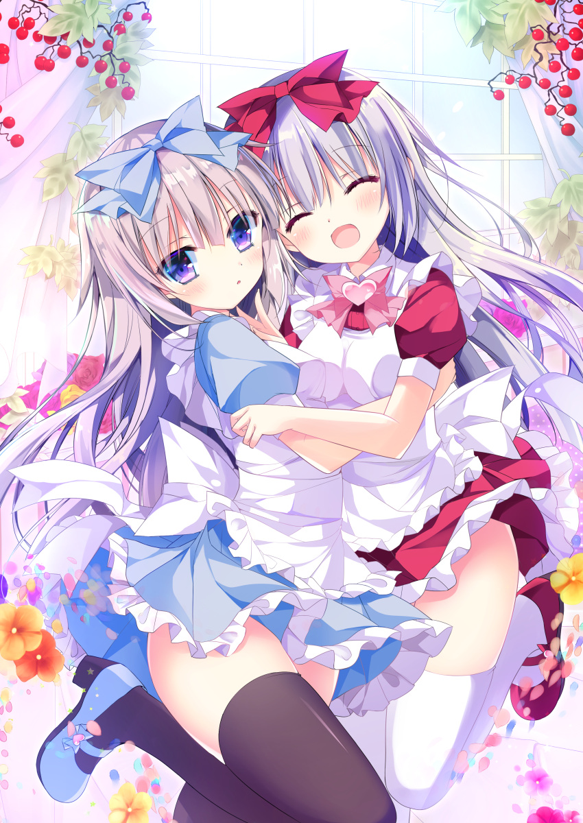 2girls :d :o ^_^ absurdres airi_(alice_or_alice) alice_or_alice apron bangs black_legwear blue_dress blue_footwear blush bow breasts closed_eyes day dress eyebrows_visible_through_hair frilled_apron frills grey_hair hair_between_eyes head_tilt heart high_heels highres indoors multiple_girls parted_lips pink_bow puffy_short_sleeves puffy_sleeves red_dress red_footwear rise_(alice_or_alice) shiwasu_horio shoes short_sleeves siblings sisters small_breasts smile thigh-highs violet_eyes white_apron white_legwear window