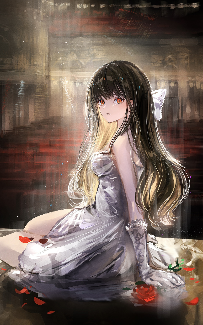 1girl absurdres arm_support bangs bow brown_hair commentary dress elbow_gloves flower gloves hair_bow highres indoors long_hair looking_at_viewer nanaponi original parted_lips petals red_eyes red_flower red_rose rose sitting solo strapless strapless_dress white_bow white_dress white_gloves