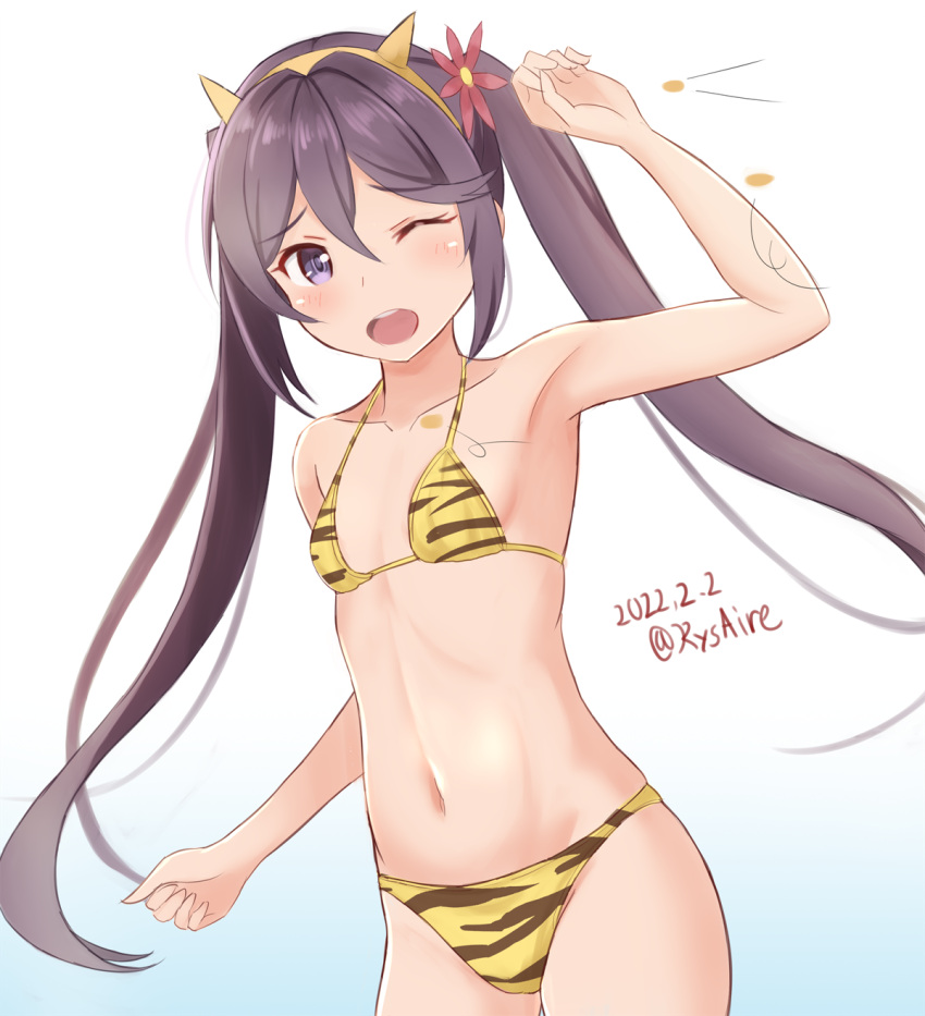 1girl akebono_(kancolle) ame-san animal_print armpits bangs bare_arms bikini breasts collarbone commentary_request dated flower gradient gradient_background hair_between_eyes hair_flower hair_ornament highres kantai_collection long_hair mamemaki navel one_eye_closed open_mouth print_bikini purple_hair small_breasts solo standing stomach swimsuit teeth tiger_print tiger_stripes twintails twitter_username upper_teeth violet_eyes yellow_bikini