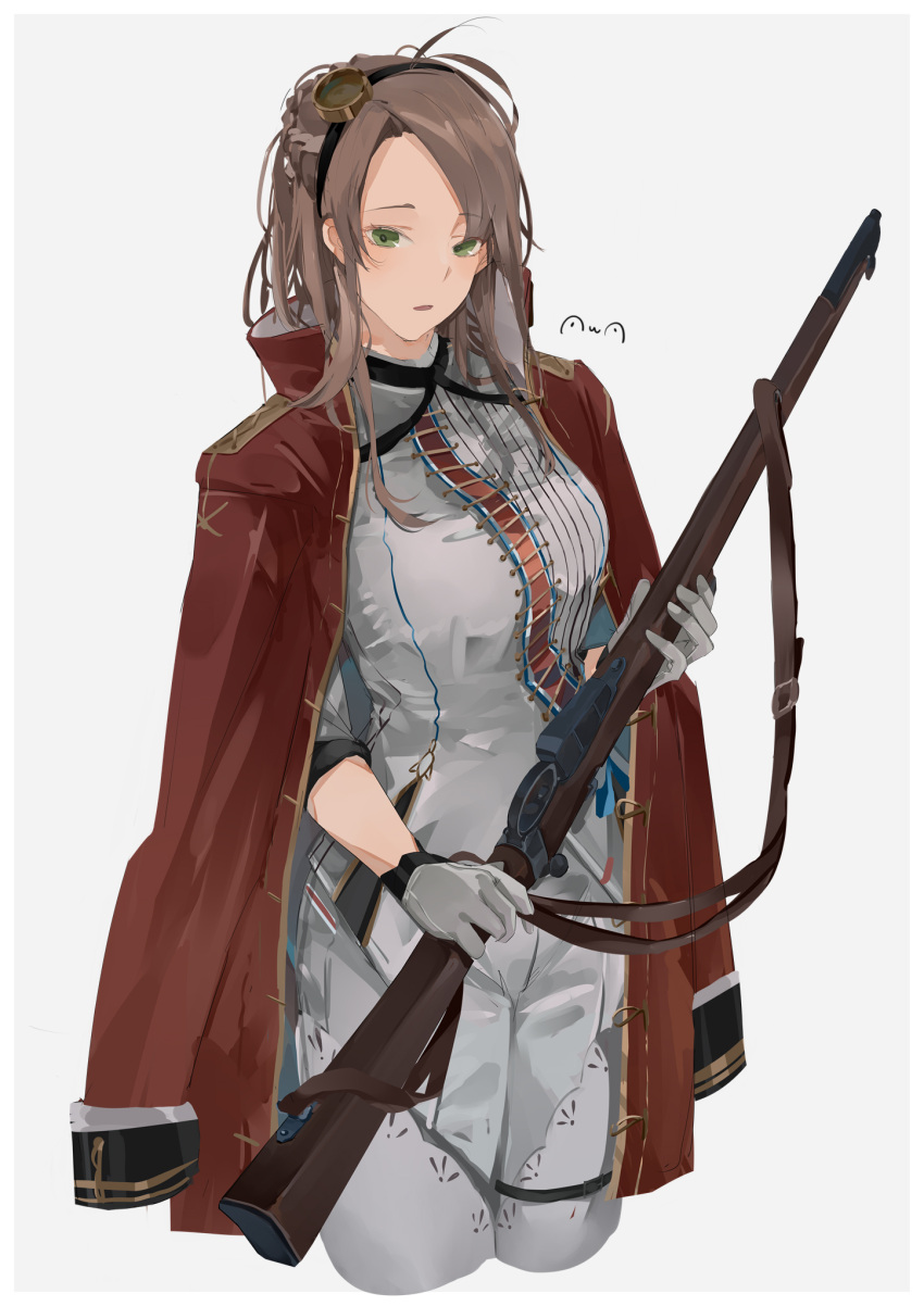 1girl artist_name bangs battle_rifle blush breasts commission eyebrows_visible_through_hair feet_out_of_frame girls_frontline gloves green_eyes gun hairband highres holding holding_gun holding_weapon jacket jacket_on_shoulders lee-enfield lee-enfield_(girls'_frontline) light_brown_hair long_hair looking_at_viewer open_mouth red_jacket rifle skeb_commission solo standing sutekina_awa weapon white_background white_gloves white_uniform