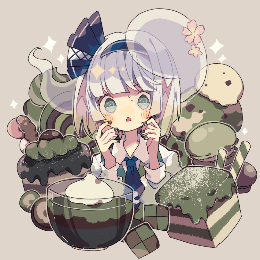 1girl @_@ aqua_eyes bangs biscuit_(bread) black_hairband black_ribbon blunt_bangs blush bowl_cut cake cherry_blossoms collared_shirt commentary eyebrows_visible_through_hair fingernails flower food ghost green_nails green_theme green_vest grey_background hair_ribbon hairband hands_up highres ice_cream konpaku_youmu long_sleeves looking_at_viewer macaron nail_polish nikorashi-ka nose_blush open_mouth pudding ribbon shirt silver_hair simple_background solo sparkle sweatdrop sweets touhou triangle_mouth v-shaped_eyebrows vest white_shirt