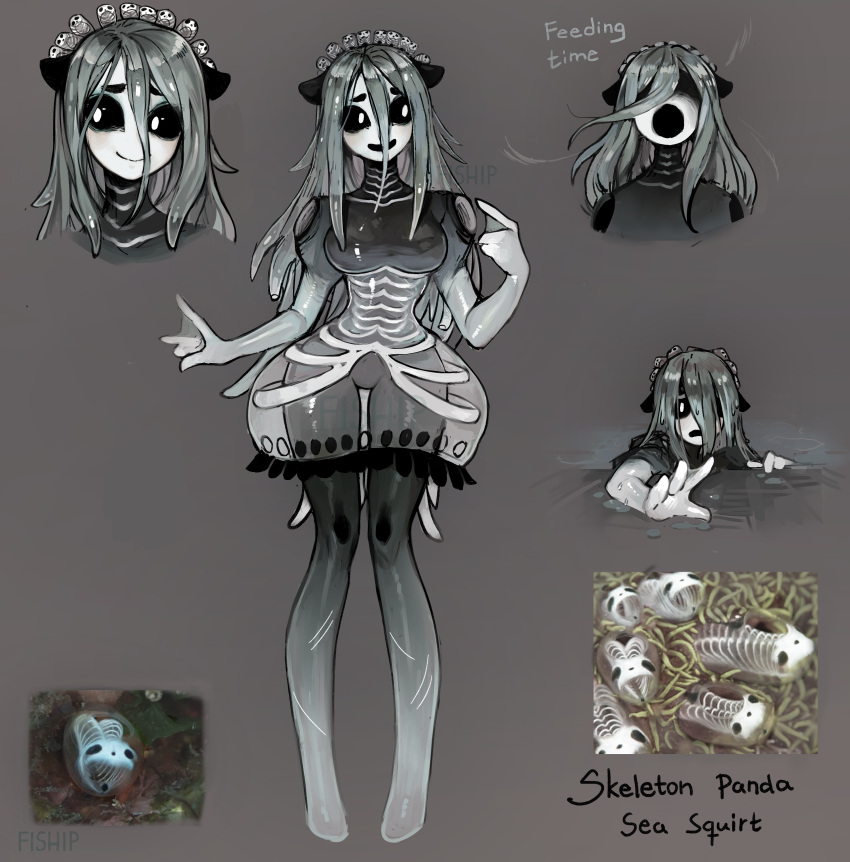1girl absurdres animal_ears artist_name black_sclera breasts bright_pupils brown_background bubble_skirt character_sheet colored_sclera colored_skin d: english_commentary english_text full_body gradient_skin grey_background grey_hair hair_between_eyes highres large_breasts long_hair looking_away looking_to_the_side matilda_fiship medium_breasts monster_girl multicolored_skin multiple_views no_feet open_mouth original partially_submerged personification photo-referenced photo_inset pointing pointing_at_self reaching_out reference_inset ribs see-through short_eyebrows simple_background skirt smile thick_eyebrows transparent water webbed_hands wet white_pupils