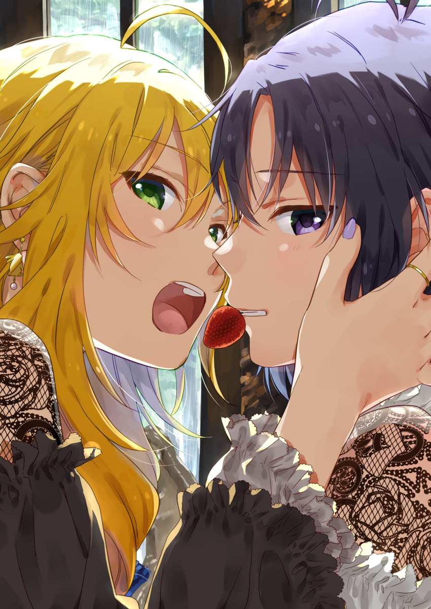 2girls ahoge black_hair blonde_hair bunny_earrings clenched_teeth earrings food fruit green_eyes hand_on_another's_cheek hand_on_another's_face highres hoshii_miki idolmaster idolmaster_(classic) jewelry kikuchi_makoto long_hair mouth_hold multiple_girls nail_polish okouka_(gyunyutabetai) open_mouth portrait purple_nails ring short_hair strawberry teeth violet_eyes yuri