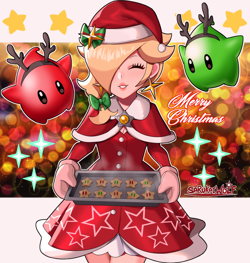 1girl absurdres antlers blonde_hair capelet christmas closed_eyes cookie cowboy_shot dress earrings fake_antlers food fur-trimmed_capelet fur_trim hair_over_one_eye hat highres holding holding_tray jewelry long_hair long_sleeves luma_(mario) oven_mitts red_capelet red_dress red_headwear reindeer_antlers rosalina santa_dress santa_hat sarukaiwolf smile standing star_(symbol) star_earrings super_mario_bros. super_mario_bros. super_mario_galaxy tray