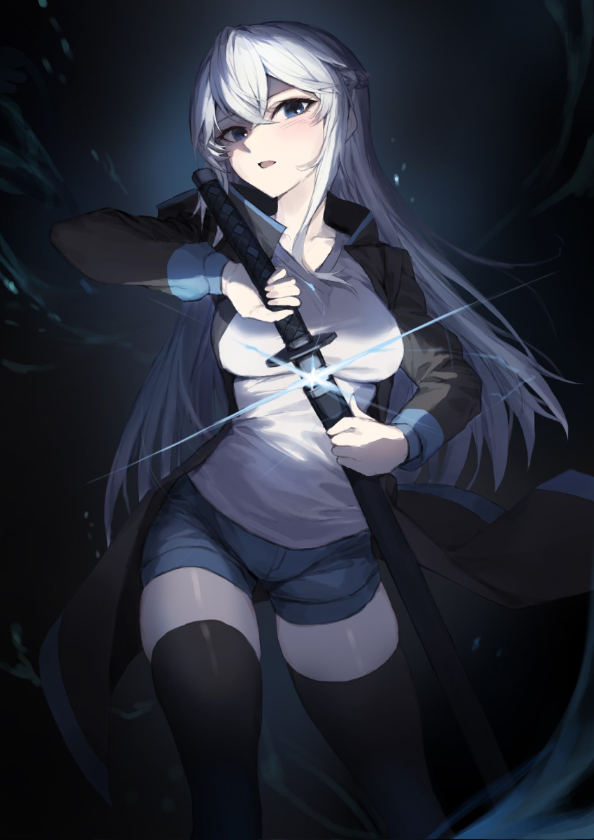 1girl bangs black_coat black_legwear blue_eyes blue_shorts braid breasts character_request coat collarbone collared_coat commentary commission crossed_bangs dark_background drawing_sword english_commentary feet_out_of_frame french_braid glint hair_between_eyes highres holding holding_sword holding_weapon large_breasts legs_apart light_blush light_particles long_hair looking_at_viewer molyb open_mouth serious sheath short_shorts shorts sidelocks solo standing sword thigh-highs unsheathing weapon white_hair