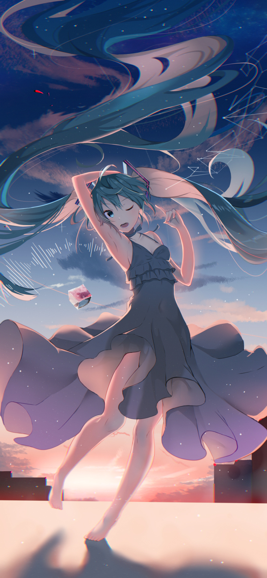 1girl absurdres arm_up bangs bare_arms bare_shoulders barefoot black_dress blue_eyes blue_hair blue_sky breasts cac_itinose clouds cloudy_sky collarbone commentary_request dress eyebrows_visible_through_hair floating_hair frilled_dress frills full_body hair_between_eyes hand_up hatsune_miku highres long_hair looking_at_viewer one_eye_closed open_mouth outdoors sky sleeveless sleeveless_dress small_breasts solo standing standing_on_one_leg sunset teeth twintails upper_teeth very_long_hair vocaloid