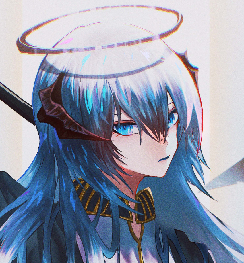 1girl arknights bangs blue_eyes blue_hair chromatic_aberration commentary_request dark_halo grey_background hair_between_eyes highres horns light long_hair looking_at_viewer mio_(lappy_mofumofu) mostima_(arknights) open_mouth portrait shadow solo wings