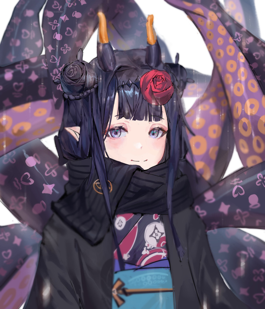 1girl absurdres black_flower black_scarf blush braid closed_mouth eyeshadow flower hair_flower hair_horns hair_ornament highres hololive hololive_english japanese_clothes long_hair looking_at_viewer makeup multicolored_hair ninomae_ina'nis orange_hair patterned pointy_ears purple_hair rain_rakan red_flower red_rose rose scarf smile solo tentacles tiara upper_body violet_eyes virtual_youtuber white_background