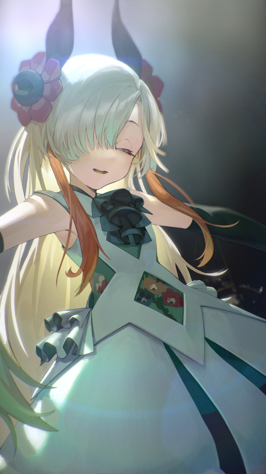 1girl ascot backlighting black_gloves closed_eyes cowboy_shot dress elbow_gloves gloves hair_ornament hair_over_one_eye headgear highres isekai_joucho kamitsubaki_studio long_hair multicolored_hair nack outstretched_arms parted_lips redhead sidelocks silver_hair sleeveless sleeveless_dress smile solo spread_arms two-tone_hair very_long_hair virtual_youtuber