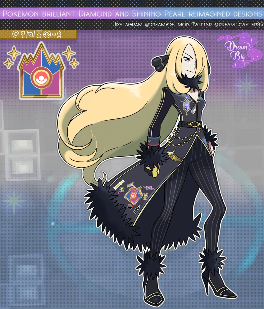 1girl black_coat blonde_hair boots breasts character_name clenched_hand coat copyright_name cynthia_(pokemon) dreambig eyelashes full_body fur-trimmed_coat fur_collar fur_trim gloves grey_eyes hair_ornament hair_over_one_eye hand_on_hip high_heel_boots high_heels highres long_hair pants pinstripe_pants pinstripe_pattern pokemon pokemon_(game) pokemon_bdsp shoes smile solo standing striped twitter_username very_long_hair watermark