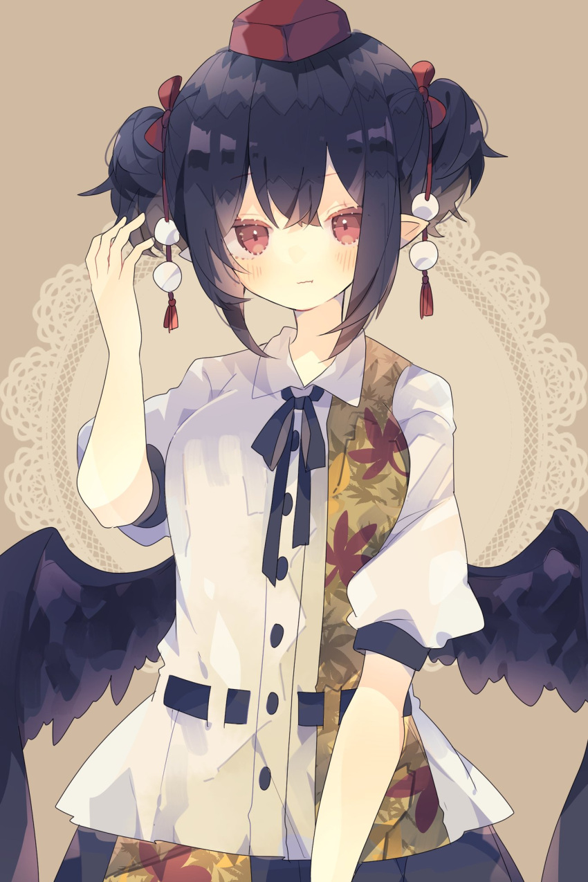 1girl adjusting_hair alternate_hairstyle arm_at_side bird_wings black_hair black_ribbon black_wings blush bow breasts brown_background buttons closed_mouth commentary double_bun eyebrows_visible_through_hair feathered_wings hair_bow hand_up hat highres large_breasts leaf_print looking_at_viewer multicolored_shirt neck_ribbon nikorashi-ka pom_pom_(clothes) pout red_bow red_eyes red_headwear ribbon shameimaru_aya shirt short_hair simple_background solo tokin_hat touhou upper_body wavy_mouth white_shirt wings