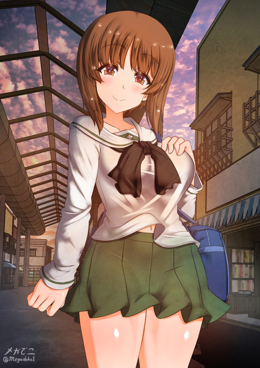 1girl aquaegg black_neckwear blush breasts brown_eyes brown_hair closed_mouth collarbone girls_und_panzer green_skirt highres large_breasts looking_at_viewer miniskirt navel neckerchief nishizumi_miho ooarai_school_uniform outdoors pleated_skirt school_uniform shiny shiny_hair shiny_skin short_hair skirt smile solo