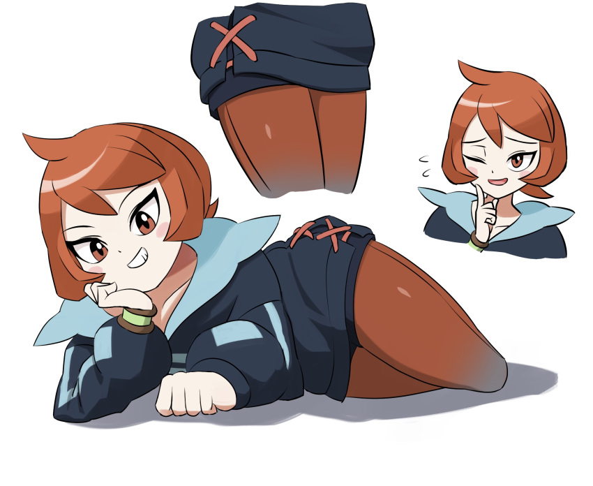 1girl arezu_(pokemon) bangs blue_jacket blush_stickers bracelet brown_eyes brown_hair brown_legwear collarbone commentary_request cowlick cropped_legs cropped_torso diamond_clan_outfit finger_to_mouth flying_sweatdrops full_body gradient gradient_legwear grey_legwear grin hand_on_own_chin head_rest highres index_finger_raised jacket jewelry long_sleeves looking_at_viewer lower_body lying multiple_views on_side one_eye_closed open_mouth orange_hair pantyhose pokemon pokemon_(game) pokemon_legends:_arceus short_hair simple_background smile tento_(1010) thighs upper_body white_background