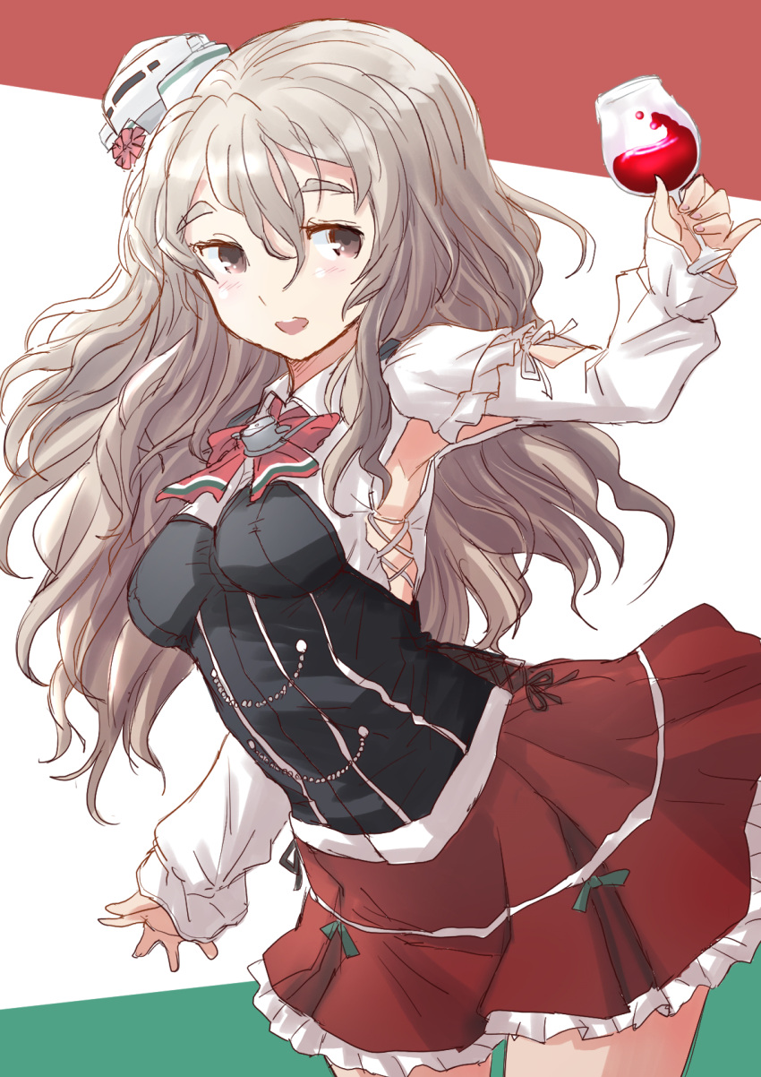 1girl alcohol blush brown_eyes corset cowboy_shot cup drinking_glass flag_background fuji_(pixiv24804665) grey_hair hair_between_eyes hat highres holding holding_cup italian_flag kantai_collection long_hair long_sleeves mini_hat open_mouth pola_(kancolle) red_skirt shirt skirt smile solo thick_eyebrows wavy_hair white_headwear white_shirt wine wine_glass