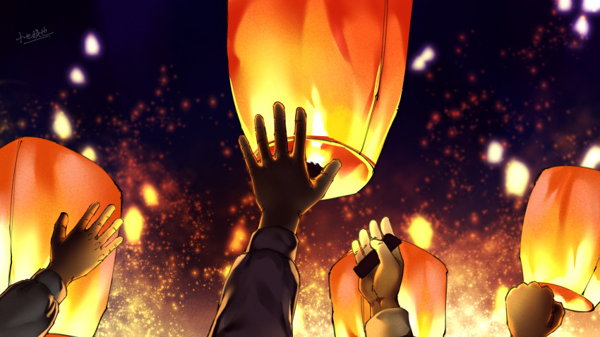absurdres architecture chinese_commentary commentary_request east_asian_architecture festival fireworks highres holding holding_lantern lantern lantern_festival male_focus multiple_boys night night_sky original outdoors paper_lantern scenery sky sky_lantern torch xiaoyexiaoye