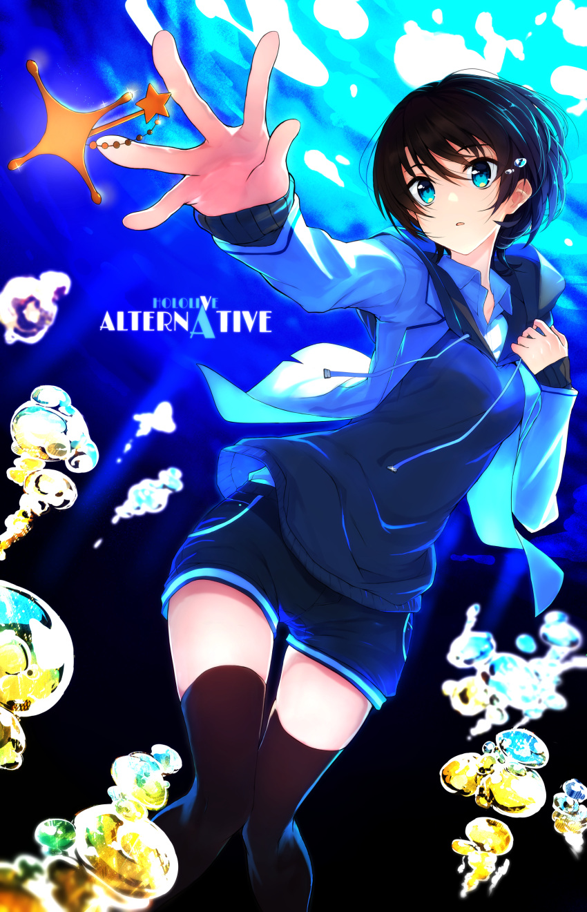 1girl absurdres air_bubble black_hair black_legwear blue_eyes bubble highres hololive hololive_alternative hood hooded_jacket jacket long_sleeves looking_at_object ohkuro_marimo oozora_subaru open_clothes open_jacket short_hair shorts solo thigh-highs underwater virtual_youtuber