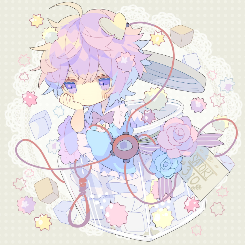 1girl :| ahoge blouse blue_blouse blue_flower blue_rose blush bow bowtie buttons candy candy_jar chibi closed_mouth commentary expressionless eyebrows_visible_through_hair flower food frilled_sleeves frills hair_ornament hand_on_own_cheek hand_on_own_face hand_up head_rest heart heart_button heart_hair_ornament highres jitome komeiji_satori long_sleeves looking_afar messy_hair nikorashi-ka pink_flower pink_rose polka_dot polka_dot_background purple_bow purple_bowtie purple_hair rose short_hair simple_background solo third_eye touhou violet_eyes wide_sleeves