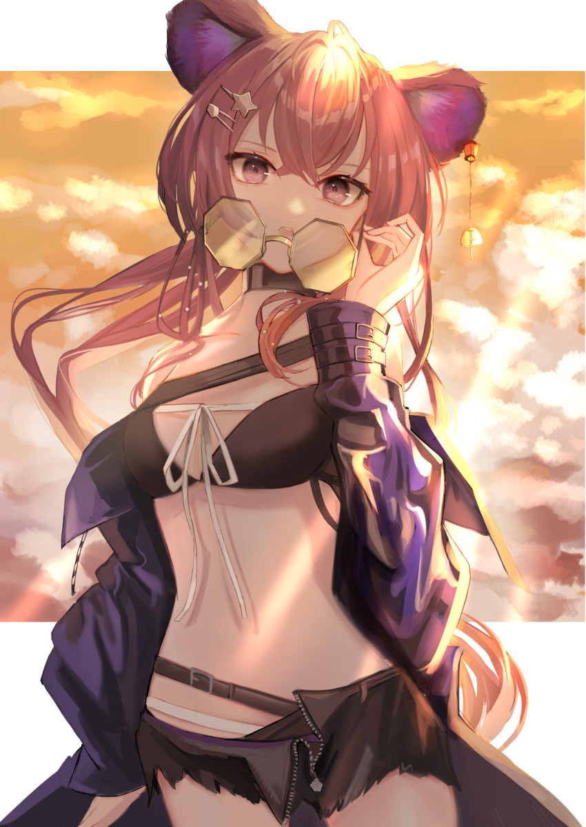 1girl animal_ears arknights bangs bare_shoulders bikini black_bikini black_choker black_shorts choker commentary_request cowboy_shot hand_up head_tilt hemorina highres holding holding_eyewear jacket lin_yuhsia_(arknights) long_hair looking_at_viewer mouse_ears navel off_shoulder parted_lips partial_commentary purple_hair purple_jacket short_shorts shorts solo standing stomach sunglasses swimsuit violet_eyes