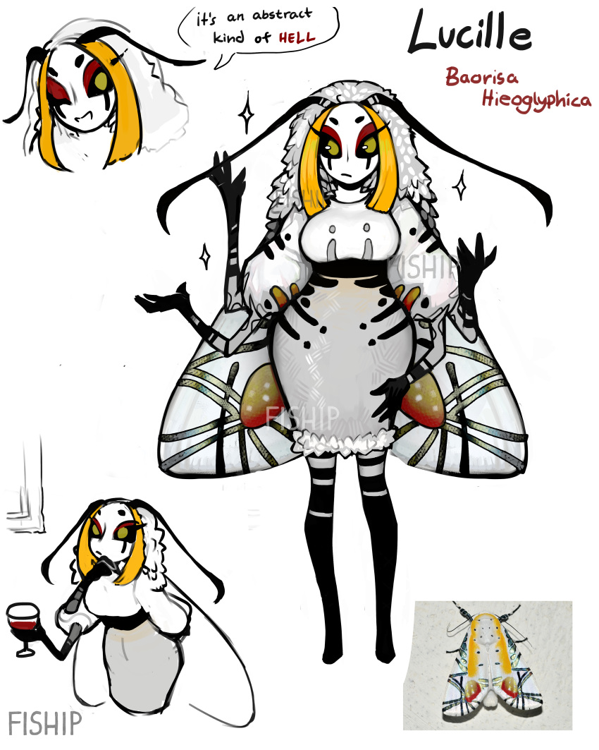 1girl :d absurdres antennae arthropod_girl black_sclera blonde_hair closed_mouth colored_sclera colored_skin commentary cup dress drinking_glass english_text extra_arms grey_dress highres holding holding_cup long_hair looking_at_viewer matilda_fiship moth_girl moth_wings multicolored_hair no_feet original smile standing streaked_hair two-tone_hair white_hair white_skin wine_glass wings yellow_eyes