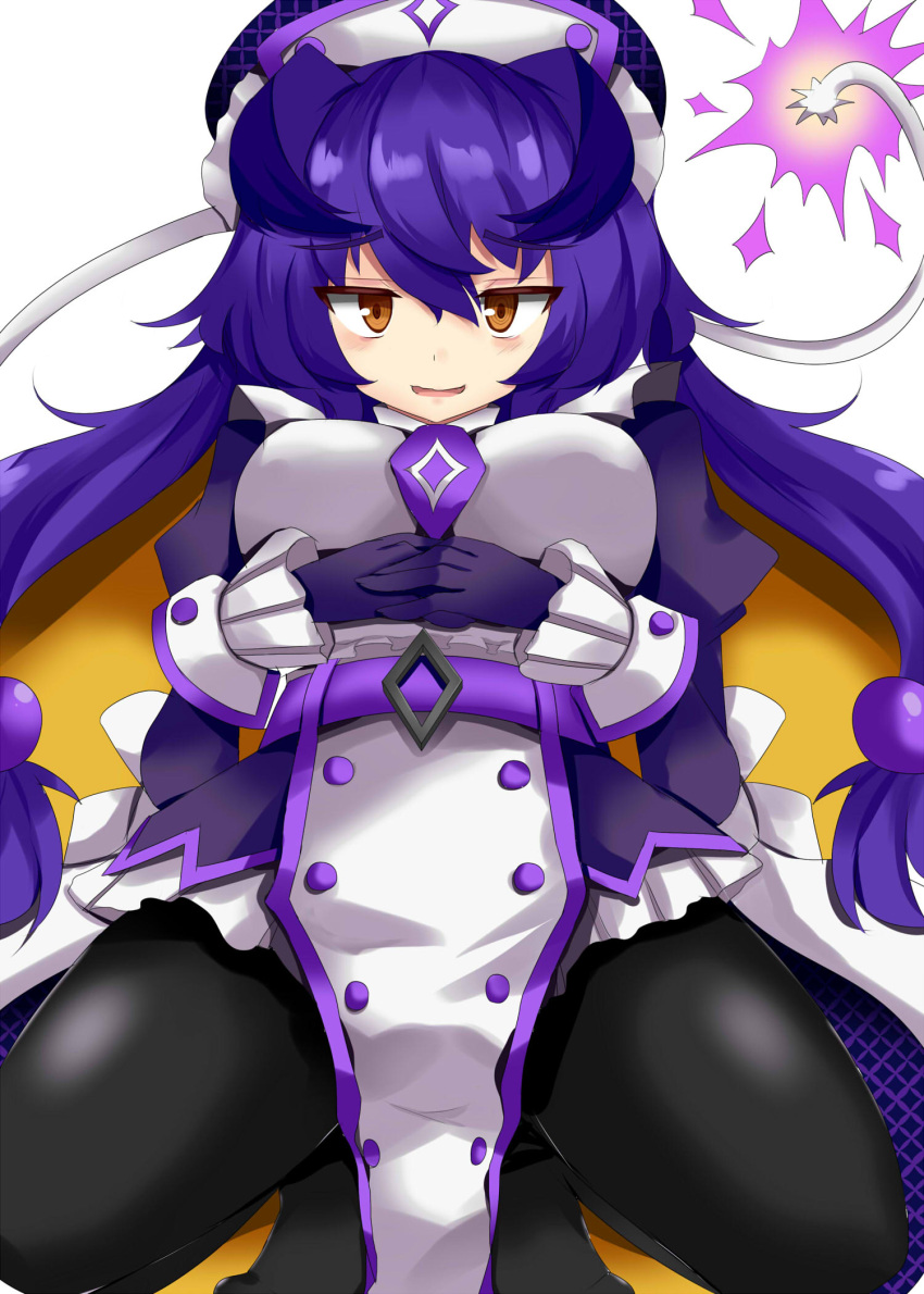 arms_under_breasts bangs belt black_legwear blush bombergirl breasts brown_eyes dress eyebrows_visible_through_hair frilled_cuffs frilled_dress frills from_below fuse_tail gaoohohaha gloves hair_between_eyes hat highres interlocked_fingers kneeling large_breasts lit_fuse long_sleeves looking_at_viewer pantyhose pelvic_curtain prune_(bombergirl) purple_dress purple_gloves purple_hair simple_background smile twintails yellow_background