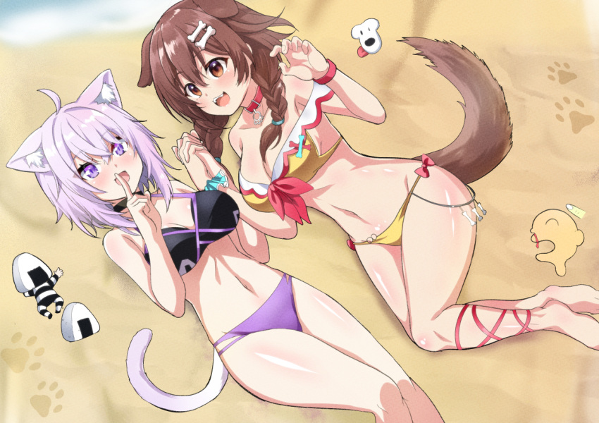 2girls ahoge animal_ear_fluff animal_ears beach bikini black_bikini blush bone_hair_ornament bracelet braid breasts brown_eyes brown_hair car cat_ears cat_girl cat_tail collar dog_ears dog_girl dog_tail fuyumi_kazuki ground_vehicle hair_ornament hololive inugami_korone jewelry long_hair looking_at_viewer medium_breasts motor_vehicle multiple_girls navel nekomata_okayu open_mouth purple_hair reward_available sand scrunchie smile swimsuit tail twin_braids violet_eyes virtual_youtuber wrist_scrunchie yellow_bikini