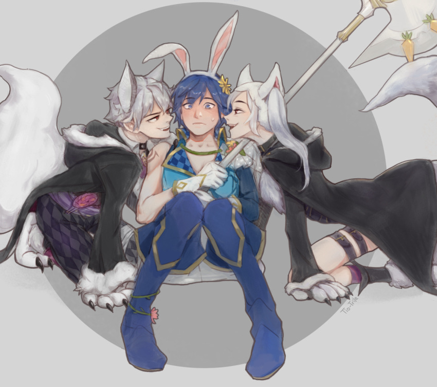 1girl 2boys all_fours animal_ears animal_hands blue_hair blush chrom_(fire_emblem) claws coat fake_animal_ears fangs fire_emblem fire_emblem_awakening fire_emblem_heroes fur_trim gloves hetero highres hooded_coat looking_at_another multiple_boys official_alternate_costume open_mouth paw_gloves paw_shoes rabbit_ears robin_(fire_emblem) robin_(fire_emblem)_(female) robin_(fire_emblem)_(male) silver_hair sitting smile tail tio-trile twintails wolf_ears wolf_tail yaoi