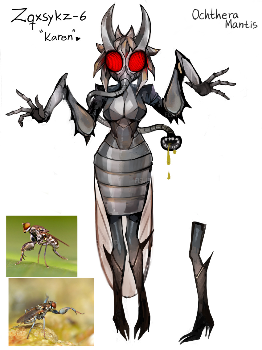 1girl absurdres arthropod_girl bug colored_skin compound_eyes drooling extended_mouth fewer_digits fly full_body furry grey_skin hands_up highres horns matilda_fiship original pencil_skirt red_eyes sharp_teeth simple_background skirt solo teeth white_background