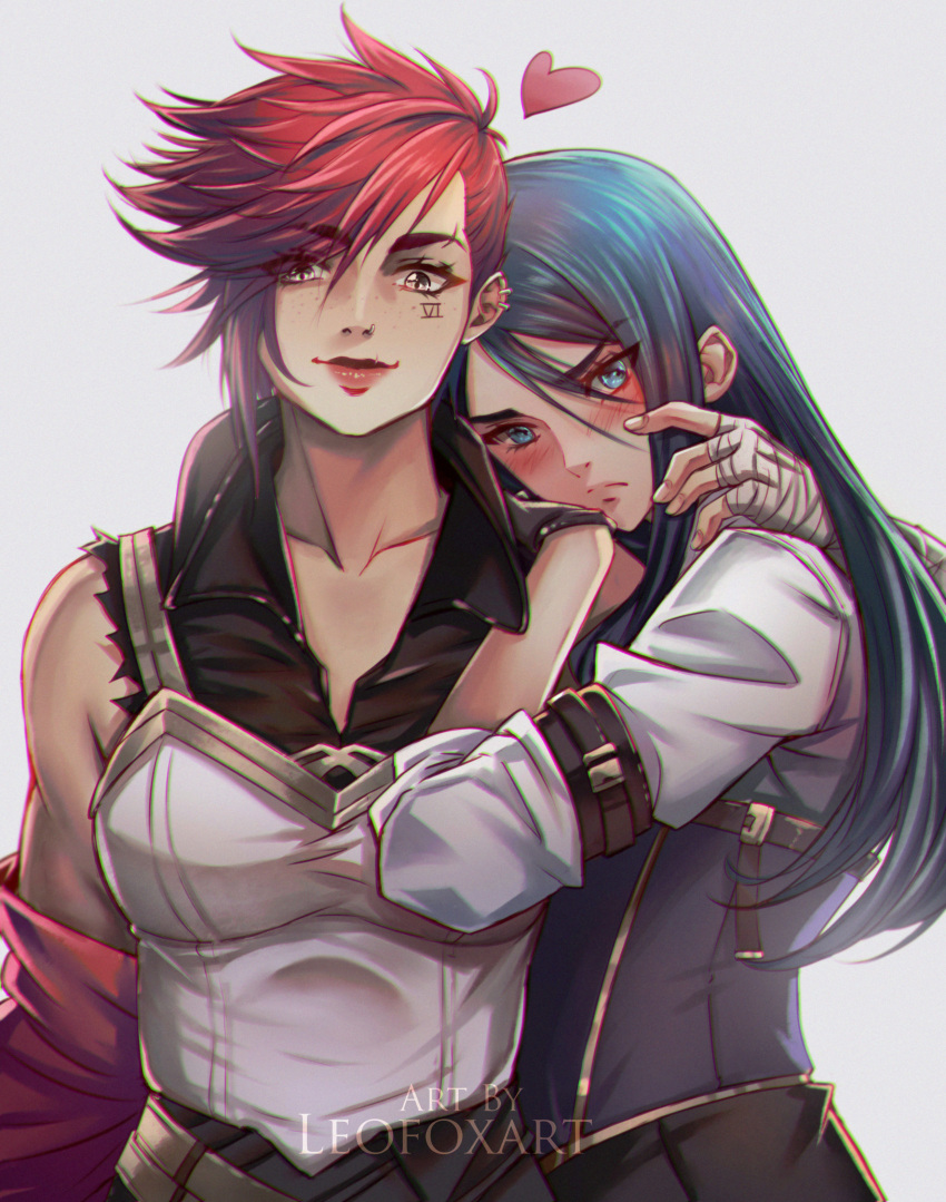2girls absurdres arcane:_league_of_legends arcane_caitlyn arcane_vi blue_hair blush caitlyn_(league_of_legends) facial_tattoo hand_on_another's_shoulder highres league_of_legends leofoxart long_hair looking_at_viewer multiple_girls off_shoulder redhead short_hair smile tattoo torn_clothes torn_sleeves vi_(league_of_legends) yuri