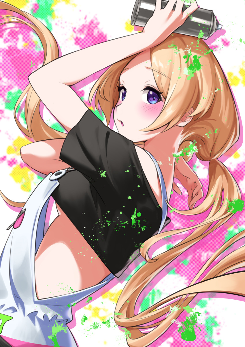 1girl absurdres aki_rosenthal arm_up bangs black_shirt blonde_hair blush breasts can commentary_request crop_top eyebrows_visible_through_hair floating_hair from_side hand_up highres holding holding_can hololive long_hair looking_at_viewer medium_breasts nemoto_yuuma overalls paint_splatter parted_bangs parted_lips shirt short_sleeves sidelocks sideways_glance solo spray_can twintails upper_body violet_eyes virtual_youtuber