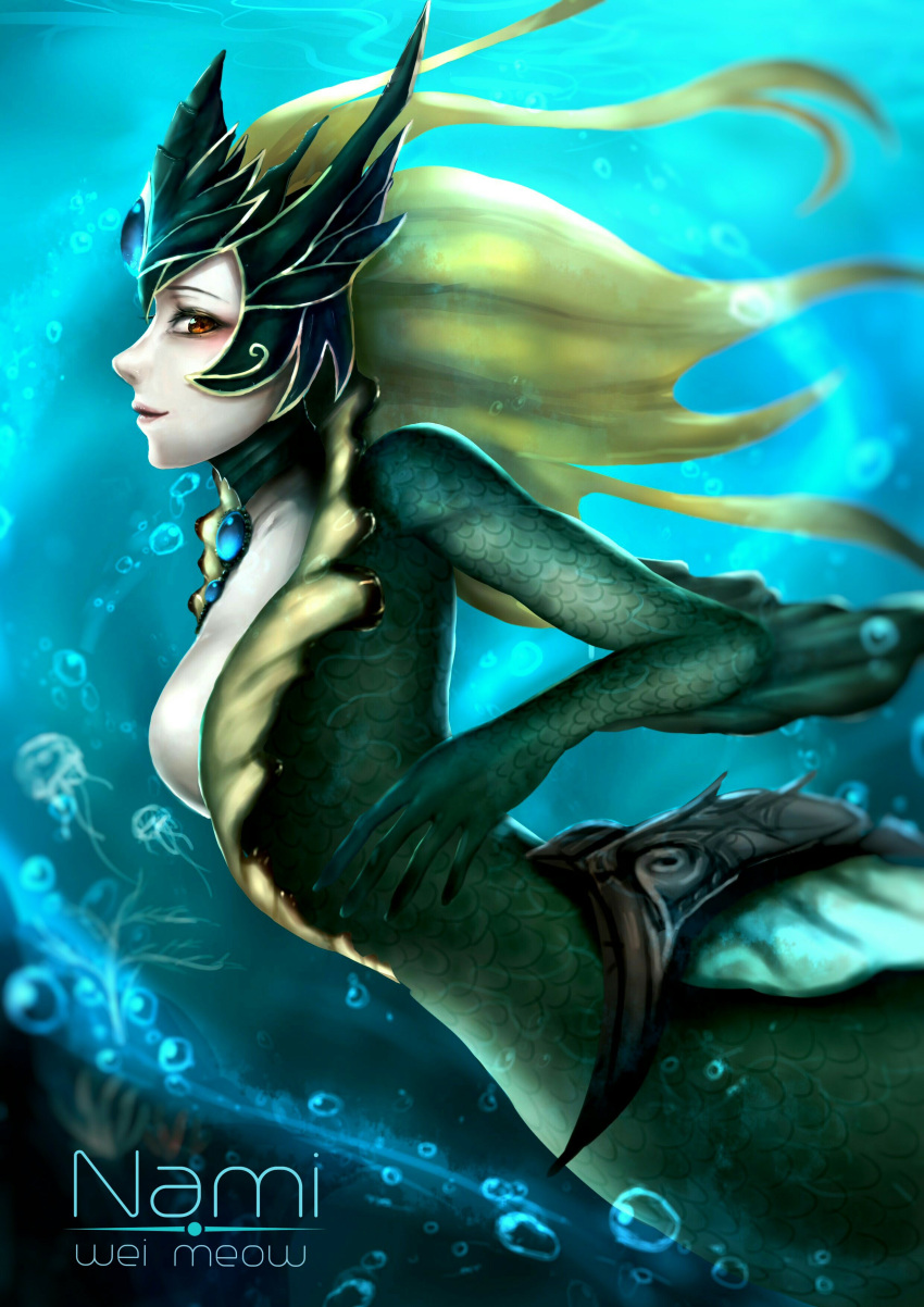 1girl absurdres animal bangs breasts brooch colored_skin from_side green_skin hair_ornament highres jellyfish jewelry league_of_legends long_hair looking_at_viewer mermaid monster_girl nami_(league_of_legends) red_eyes sideways_glance smile solo underwater vastaya wei_miao