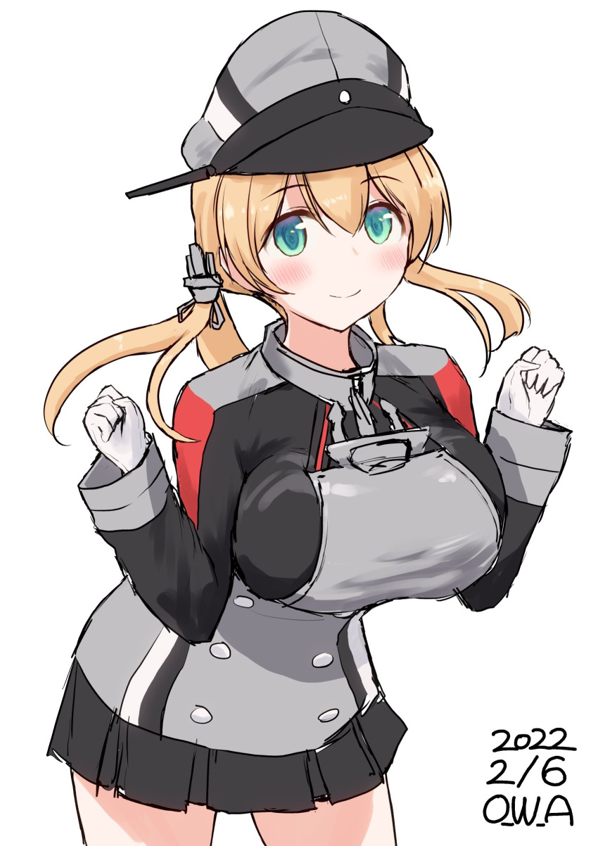 1girl anchor_hair_ornament aqua_eyes black_skirt blonde_hair breasts dated gloves hair_ornament hat highres kantai_collection large_breasts leaning_forward long_hair looking_at_viewer low_twintails microskirt military military_uniform one-hour_drawing_challenge owa_(ishtail) peaked_cap pleated_skirt prinz_eugen_(kancolle) skirt solo twintails twitter_username uniform white_gloves