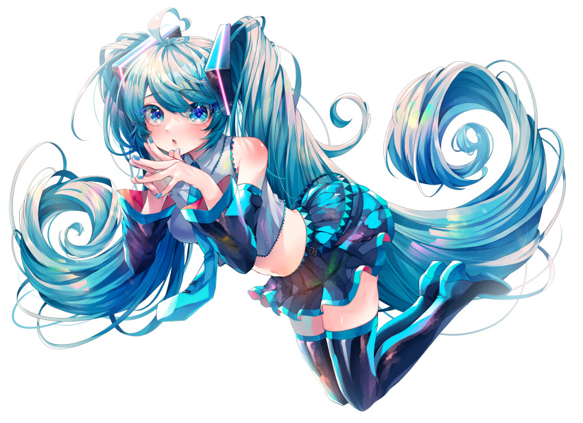 1girl :o absurdres ahoge alternate_costume aqua_eyes aqua_hair aqua_necktie bare_shoulders black_legwear black_skirt black_sleeves blue_nails boots crop_top detached_sleeves fingers_together floating floating_hair full_body grey_shirt hair_ornament hatsune_miku heart_ahoge high_heels highres long_hair looking_at_viewer miniskirt nail_polish necktie open_mouth pleated_skirt shirayuki_towa shirt shoulder_blush shoulder_tattoo simple_background skindentation skirt sleeveless sleeveless_shirt solo spiral steepled_fingers symbol_in_eye tattoo thigh-highs thigh_boots twintails very_long_hair vocaloid white_background zettai_ryouiki