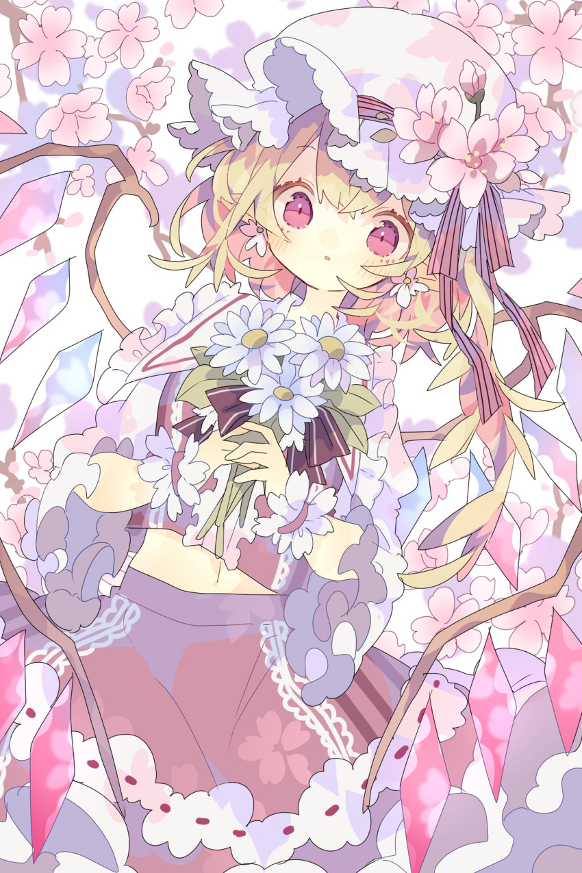 1girl blonde_hair blush branch cherry_blossoms collared_shirt cowboy_shot crystal flandre_scarlet flower frilled_shirt_collar frilled_skirt frilled_sleeves frills hat hat_flower hat_ribbon highres holding holding_flower long_hair long_sleeves looking_at_viewer midriff mob_cap nikorashi-ka one_side_up parted_lips pink_headwear pink_shirt pink_theme red_eyes red_ribbon red_skirt red_vest ribbon ribbon-trimmed_skirt ribbon_trim shirt skirt solo symbol-only_commentary tareme touhou vest white_flower wide_sleeves wings wrist_cuffs