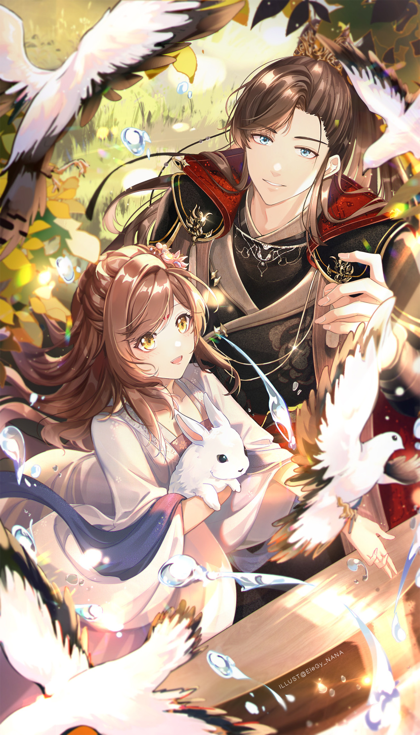 1boy 1girl :d absurdres animal artem_wing_(tears_of_themis) bangs bird blue_eyes brown_hair chinese_clothes dove flower grass green_eyes hair_flower hair_ornament highres holding holding_animal long_hair long_sleeves looking_at_animal nana895 open_mouth outdoors ponytail rabbit rosa_(tears_of_themis) smile tears_of_themis
