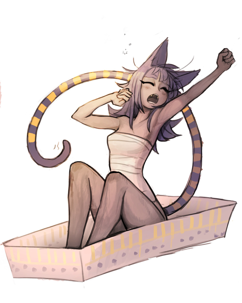 1girl absurdres animal_ears bandages bangs blunt_bangs breasts cat_ears closed_eyes dark-skinned_female dark_skin english_commentary fangs ghastet_(matilda_fiship) highres long_hair matilda_fiship medium_breasts open_mouth original outstretched_arm simple_background sitting solo stretch striped_tail tail waking_up white_background yawning