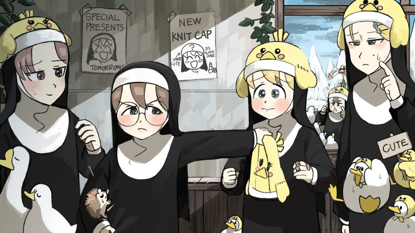 5girls animal_hat bird blonde_hair blue_eyes brown_eyes brown_hair catholic chicken commentary diva_(hyxpk) duck duck_hood duckling english_commentary finger_to_cheek flag flower frown glasses glasses_nun_(diva) gluttonous_nun_(diva) goose habit hair_flower hair_ornament hairclip hand_on_hip hanging_plant hat hedgehog highres holding holding_clothes holding_hat holding_sign hook-bang_nun_(diva) knit_hat little_nuns_(diva) mole mole_under_eye mouth_hold multiple_girls nun ostrich outstretched_arm pointing pointing_at_self poster_(object) protagonist_nun_(diva) quill red_eyes redhead rejection scowly_nun_(diva) sign smile snow surprised sweatdrop tree triangle_mouth wavy_mouth window yellow_headwear