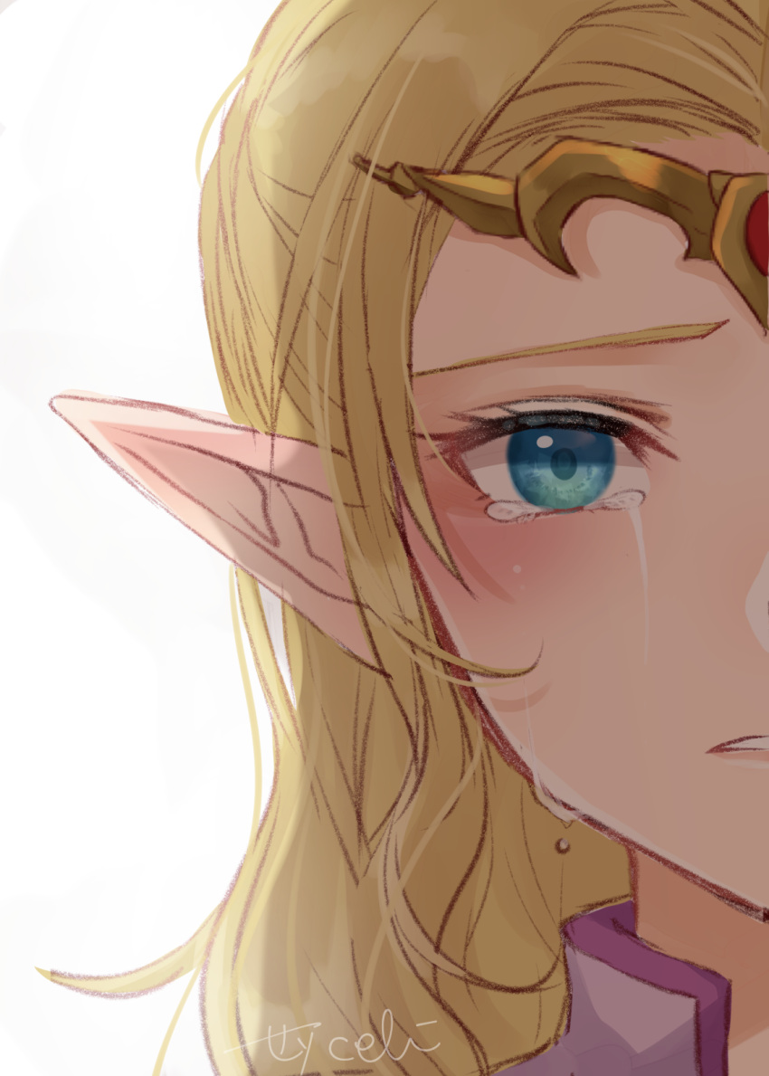 1girl bangs blonde_hair green_eyes grey_background highres long_hair looking_at_viewer parted_lips pointy_ears portrait princess_zelda seri_(yuukasakura) simple_background solo split_theme tears teeth the_legend_of_zelda the_legend_of_zelda:_ocarina_of_time tiara