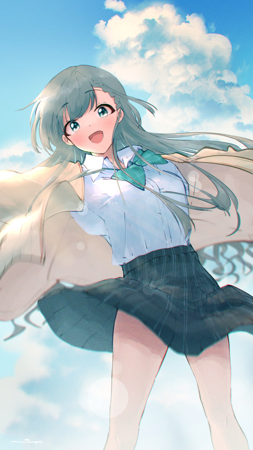 1girl :d asymmetrical_bangs bangs blue_sky blurry bokeh bow bowtie braid braided_bangs cardigan depth_of_field feet_out_of_frame floating_clothes grey_hair highres hisakawa_hayate idolmaster idolmaster_cinderella_girls idolmaster_cinderella_girls_starlight_stage looking_at_viewer loose_bowtie open_collar outstretched_arms pleated_skirt sanpo_(sanpo_1027) school_uniform skirt skirt_rolled_up sky smile solo straight_hair yellow_cardigan
