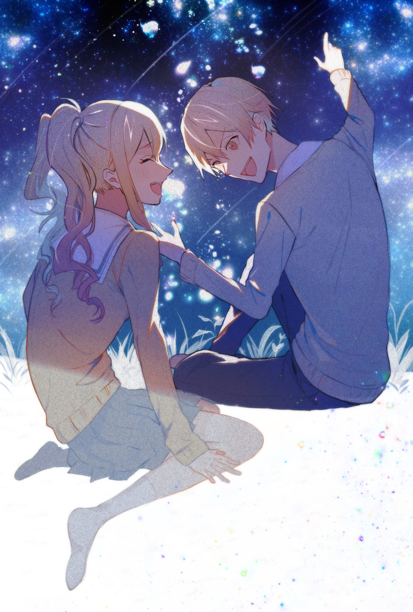 :d ^_^ ^o^ blonde_hair brother_and_sister closed_eyes hands_up highres manami_(aph-23) night night_sky outdoors pointing project_sekai school_uniform siblings sky smile star_(sky) starry_sky tenma_saki tenma_tsukasa